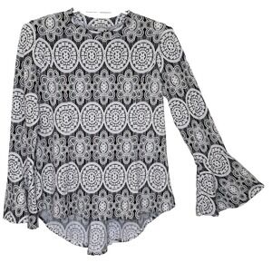 Joseph Ribkoff Pullover Top Womens Size 12 Black White Print Long Bell Sleeve